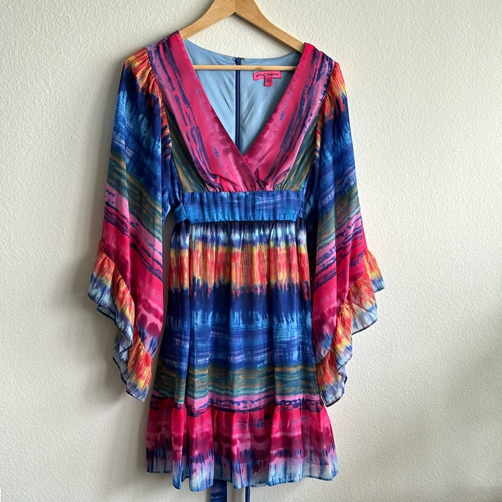 Betsey Johnson Multicolored Floaty Festival Dress Sheer Bell Sleeves Size 8